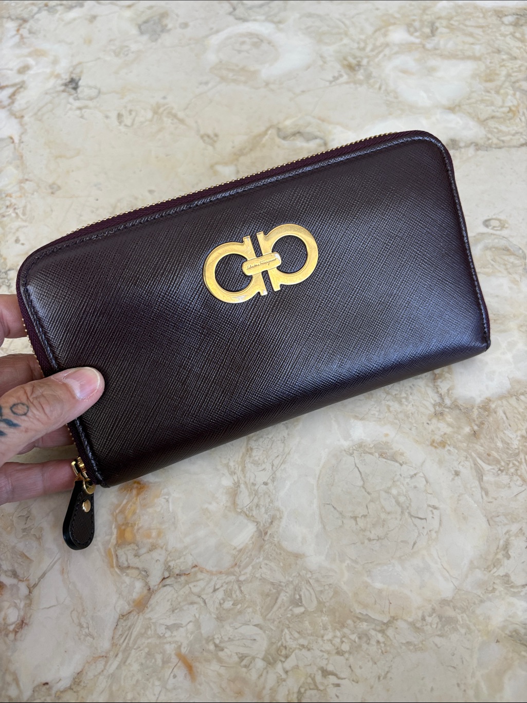 Salvatore Ferragamo Gancini Zip Around Wallet Burgundy Saffiano Leather